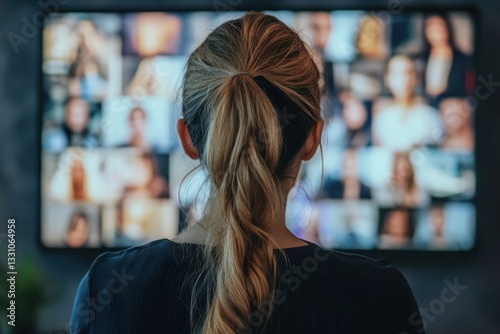 A backview of a Caucasian woman engaging in an online networking event with industry professionals.