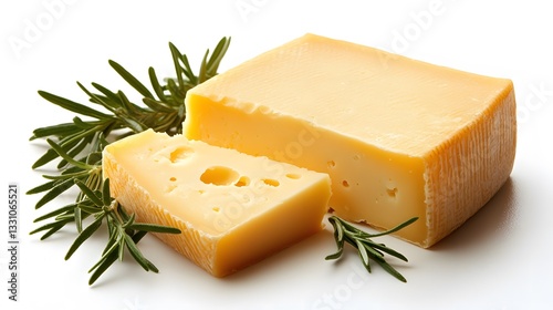 A delicious slice of cheese, on a white background