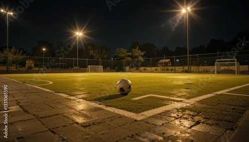 Soccer Field at Night with Ball on Green Artificial Turf