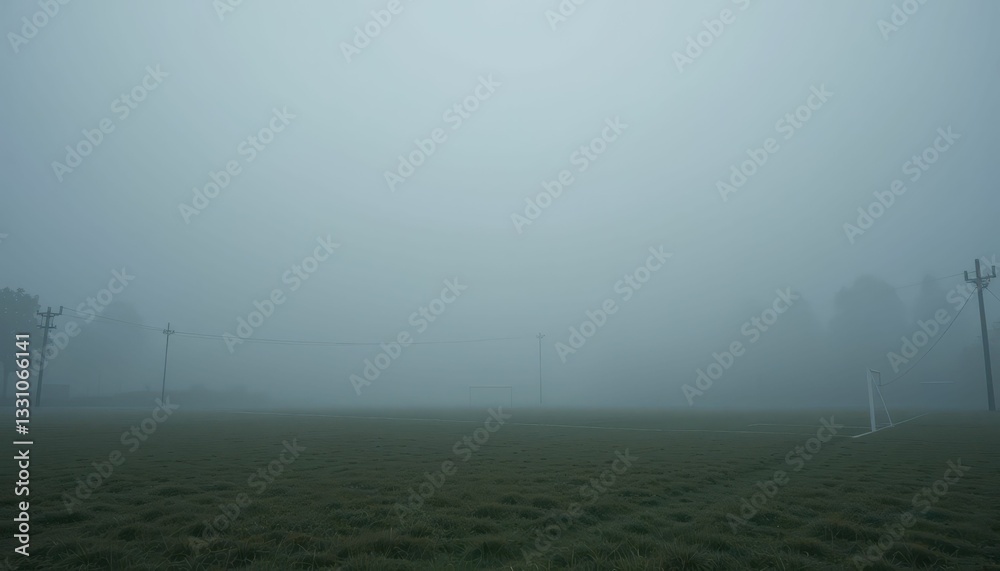 Foggy Morning Landscape Over Empty Field with Power Poles and Grass Foggy Morning Landscape Over Empty Field with Power Poles and Grass
