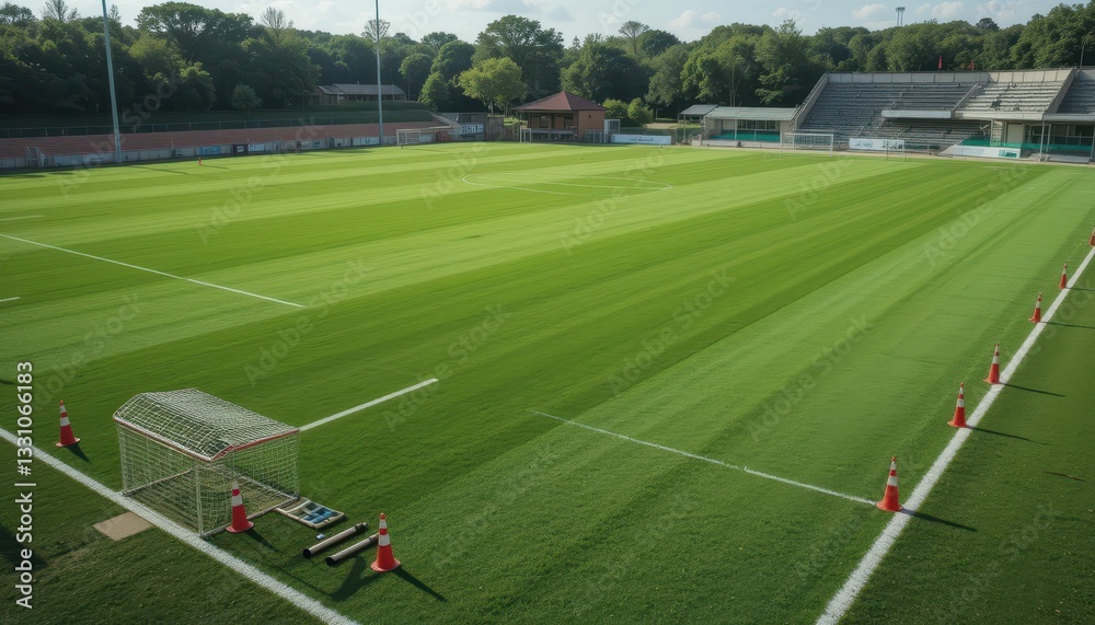 Fototapeta premium Expansive Green Football Field with Goalposts and Cones