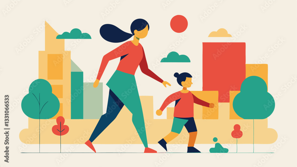 Happy Mother's Day! A joyful flat illustration of a loving mother and her child playing a fun game of tag in a stylish, modern urban setting. Perfect for cards, websites, and Happy Mother's Day! A joyful flat illustration of a loving mother and her child playing a fun game of tag in a stylish, modern urban setting. Perfect for cards, websites, and