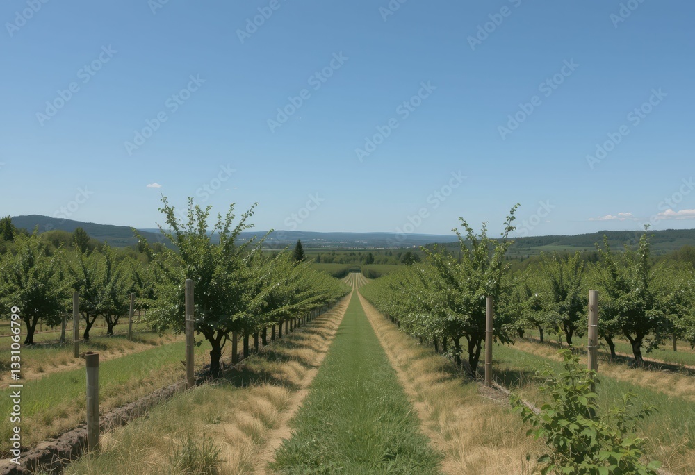Fototapeta premium Serene Vineyard Pathway Under Clear Blue Sky with Lush Greenery