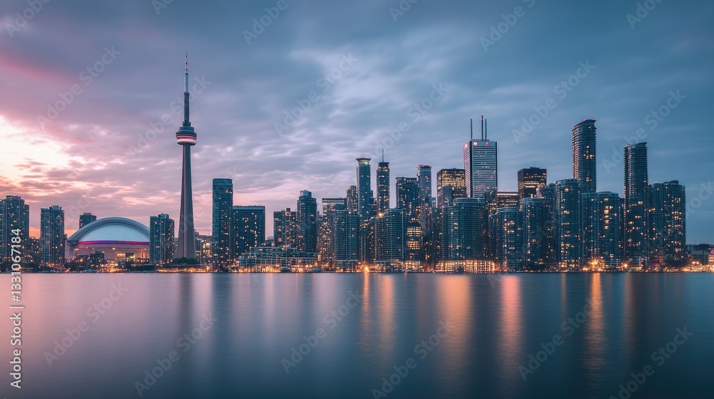 Obraz premium Panoramic view of a city skyline at dusk, with tall buildings and waterfront