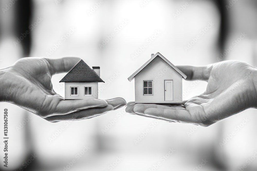 A contrast image of two hands--one offering stability with a home, the other providing opportunity with money. A contrast image of two hands--one offering stability with a home, the other providing opportunity with money.