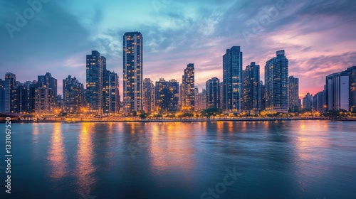 Panoramic view of a city skyline at dusk, with tall buildings and waterfront