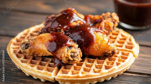 Waffle deep fried chicken delight. Crispy chicken wings on a waffle drizzled with barbecue sauce.