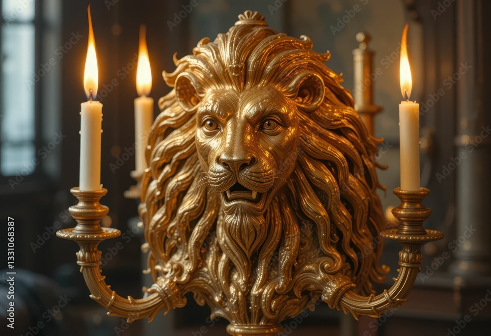 Obraz premium Golden Lion Candleholder with Lit Candles in Elegant Setting