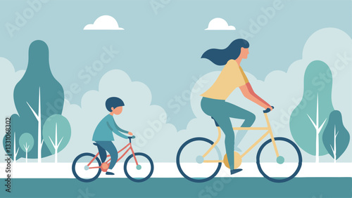 Happy Mother's Day! Mom and child enjoy a sunny bicycle ride together, creating lasting memories. A perfect illustration for Mother's Day cards, social media posts, and blogs. Flat