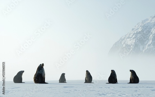 Seven Seals On Snowy Plain With Misty Mountain