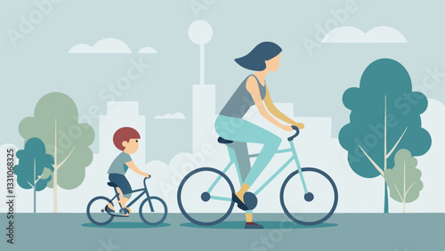 Happy Mother's Day! Mom and Child Bicycle Ride: A Joyful Flat Illustration Featuring a Modern Cityscape Background, Perfect for Cards, Banners, and Social Media. Celebrate the bond