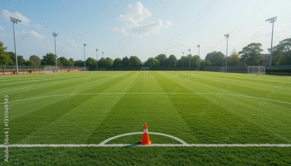 Fototapeta premium Open Soccer Field with Goalposts and Training Cones for Practice