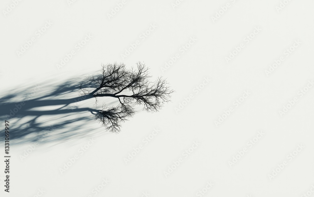 Fototapeta premium Barren Tree With Long Shadow On White Background Aerial View