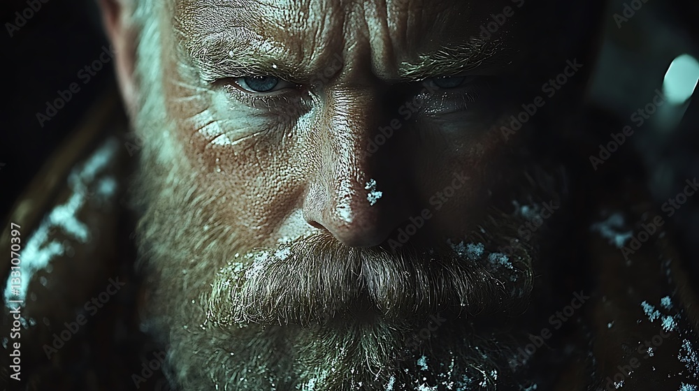 Close-up portrait of a stern, snow-covered man with a beard. Close-up portrait of a stern, snow-covered man with a beard.