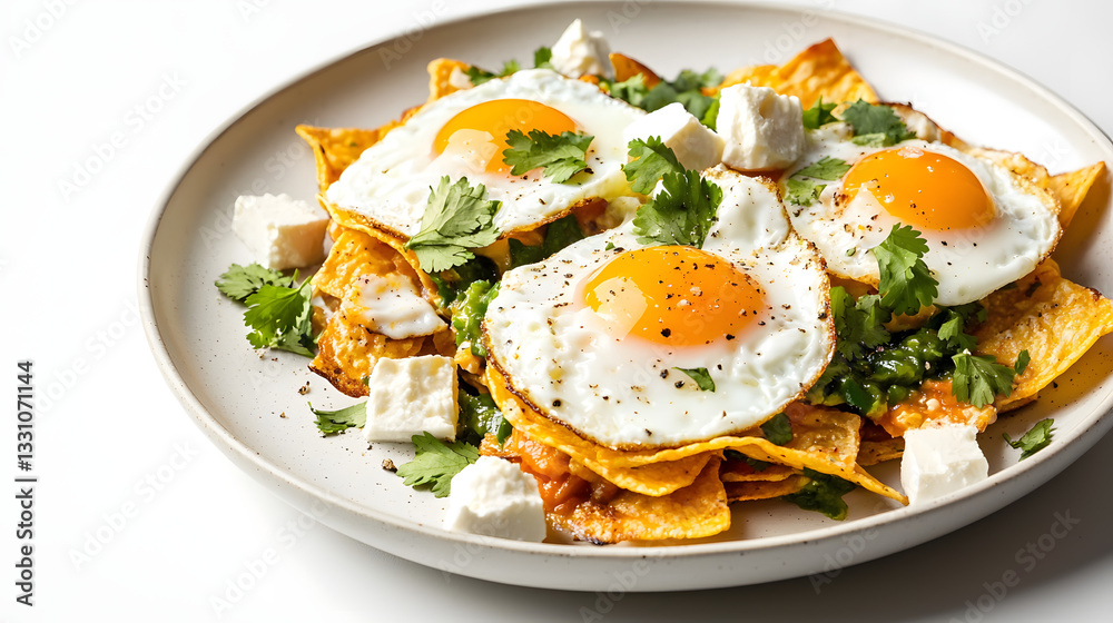 Beautifully Styled Plate of Chilaquiles with Eggs and Fresh Ingredients on a Clean White Background Beautifully Styled Plate of Chilaquiles with Eggs and Fresh Ingredients on a Clean White Background