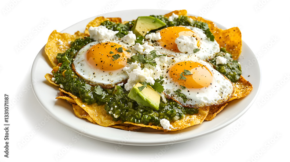 Fresh and Delicious Plate of Composed Food with Eggs, Avocado, and Salsa on Crunchy Tortilla Chips Fresh and Delicious Plate of Composed Food with Eggs, Avocado, and Salsa on Crunchy Tortilla Chips