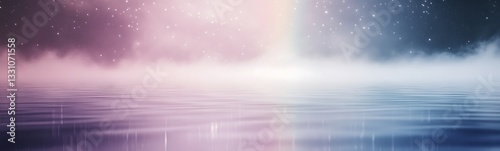 Serene waters reflect a colorful misty sky, creating a tranquil ambiance.