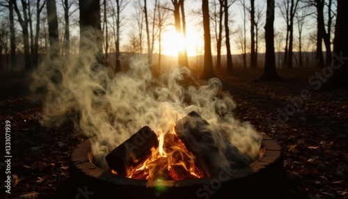 Wallpaper Mural As the sun began to set, the golden rays illuminated the billowing smoke rising from the crackling campfire, casting long shadows on the surrounding trees Torontodigital.ca