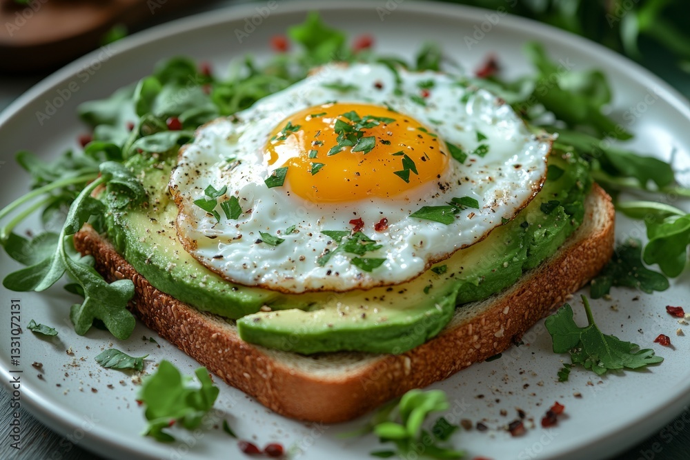 Fresh avocado slices layered on toasted bread, topped with a perfectly cooked sunny side up egg, surrounded by vibrant greens and herbs for flavor Generative AI Fresh avocado slices layered on toasted bread, topped with a perfectly cooked sunny side up egg, surrounded by vibrant greens and herbs for flavor Generative AI