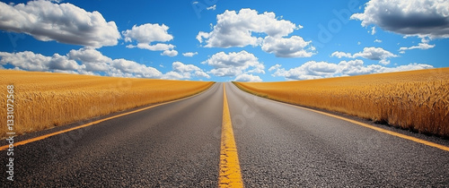 country side road between wheat corps sunflower agriculture