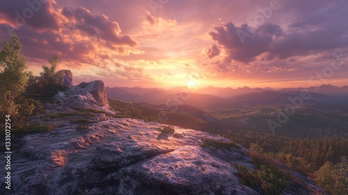 focus on a beautiful rocks plateau forming a scene as main scene, in the background features a peaceful nature corner with the sun rising, creating a warm and uplifting atmosphere with purple sunset.