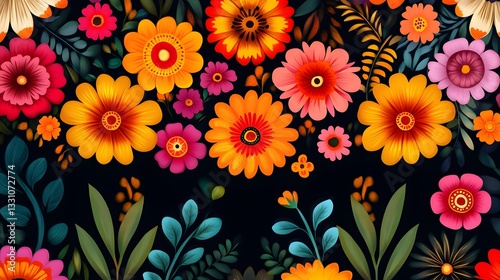 Wallpaper Mural A vibrant floral illustration displaying various beautiful blossoms and foliage Torontodigital.ca