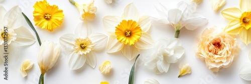 Wallpaper Mural Vibrant flowers with yellow and white petals arranged beautifully on a white surface for Easter celebrations. Torontodigital.ca