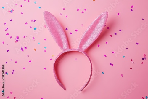 Pink bunny ears surrounded by colorful confetti on a soft pink background for Easter celebration.
