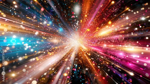 Dynamic 3D burst of vibrant particles in multiple colors radiating outward with glowing energy, creating an abstract and captivating display of motion and rhythm against a dark backdrop.