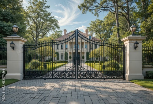 Wallpaper Mural Elegant Mansion Entrance with Gorgeous Landscaping and Decorative Gate Torontodigital.ca
