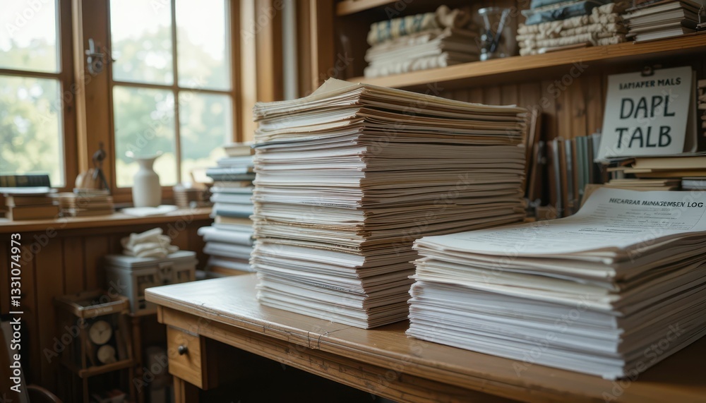 Stacked Papers and Books in Cozy Home Office Environment Stacked Papers and Books in Cozy Home Office Environment