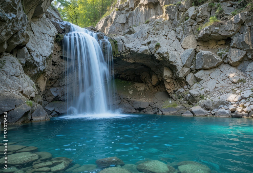 Fototapeta premium Serene Waterfall Cascading Into Tranquil Blue Pool Surrounded by Rocks