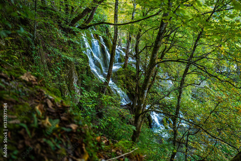 Fototapeta premium Plitvice Lakes National Park. Croatia. Big waterfalls. Nature travel background. Beautiful nature. Plitvice waterfalls in Croatia. Mountain streams flow into a lake with azure clear water.