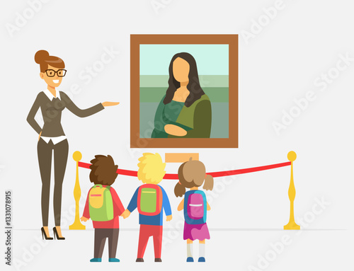 kids children friends visit museum watch painting illustration clipart