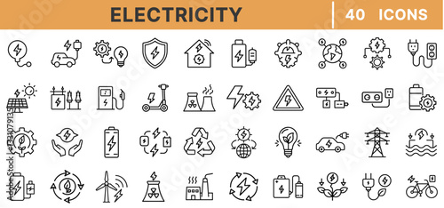 Electricity and Energy Line Icons Set – Power Generation, Renewable Energy, Batteries, Electric Vehicles, Solar Panels, Charging Stations, and Sustainability