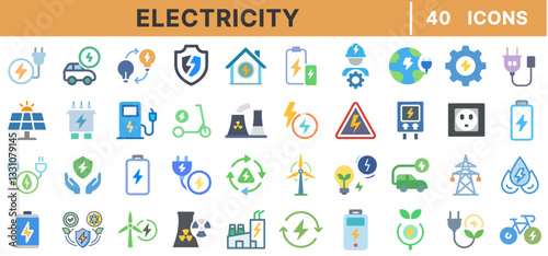 Electricity and Energy Line Icons Set – Power Generation, Renewable Energy, Batteries, Electric Vehicles, Solar Panels, Charging Stations, and Sustainability