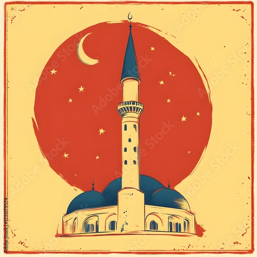 Nighttime Mosque Minaret under Crescent Moon
