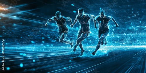 Three digital runners sprint through a blue futuristic track
