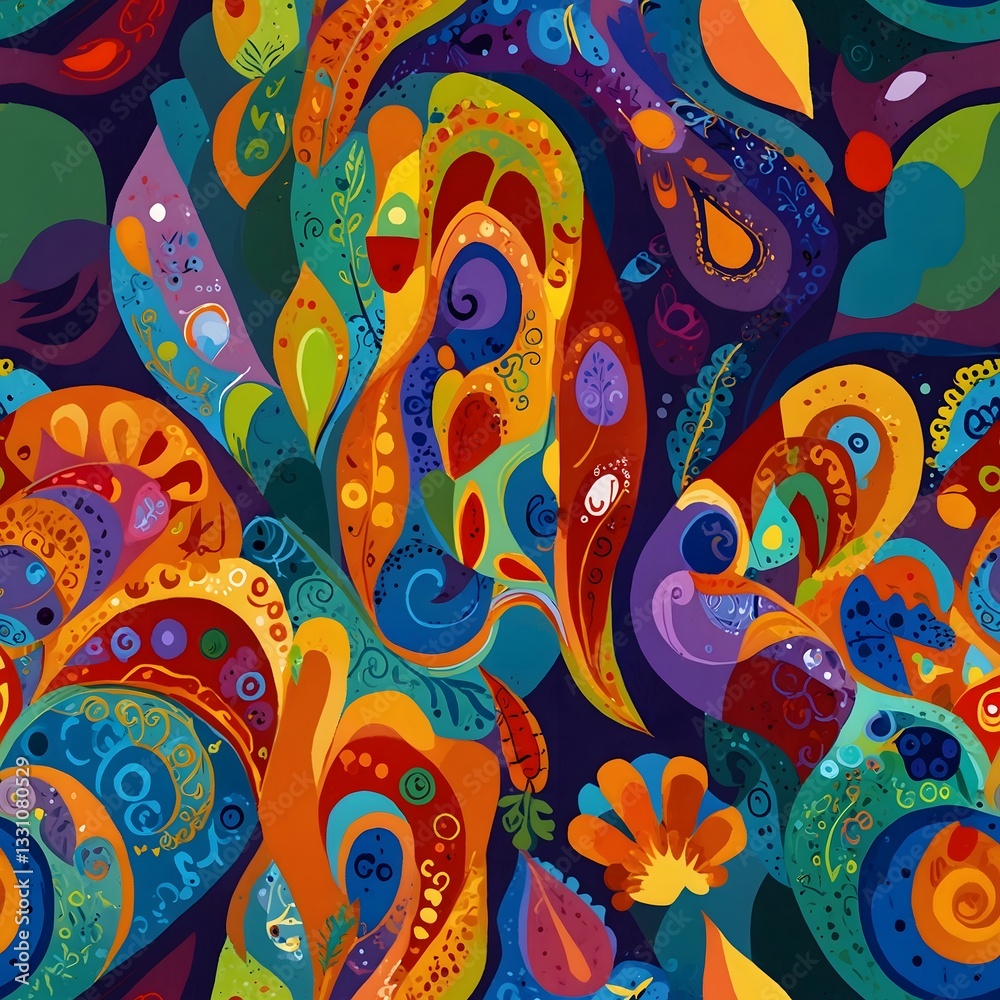 Psychedelic Bohemian Abstract Painting with Swirling Floral Patterns Psychedelic Bohemian Abstract Painting with Swirling Floral Patterns