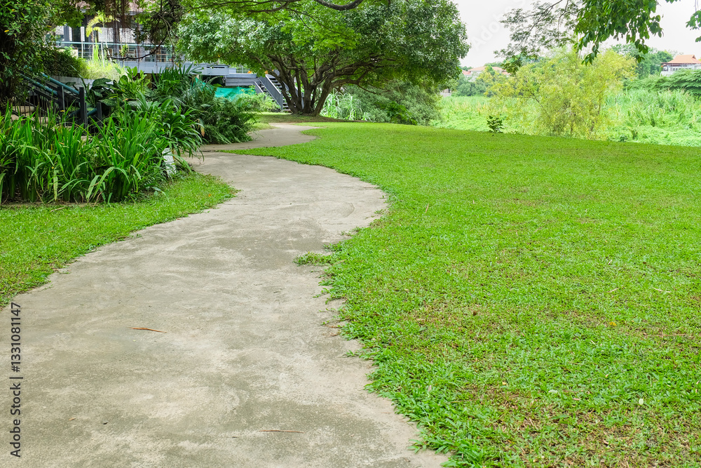 Fototapeta premium Garden landscape design with pathway in garden and footpath in picturesque summer park and staircase in backyard,Paving stones on floor in park,space for text.
