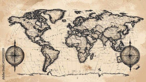 Vintage World Map with Compass Rose Design and Antique Style