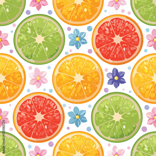 Seamless pattern of Fruit and flower sparkling jewels. The fruit slices are arranged a beautiful; for textile printing