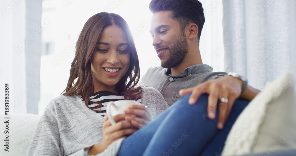 Happy, relax and couple with coffee in home for conversation, bonding and rest together. Sofa, dating and man hug woman with drink for relationship, affection and embrace for love in living room Happy, relax and couple with coffee in home for conversation, bonding and rest together. Sofa, dating and man hug woman with drink for relationship, affection and embrace for love in living room