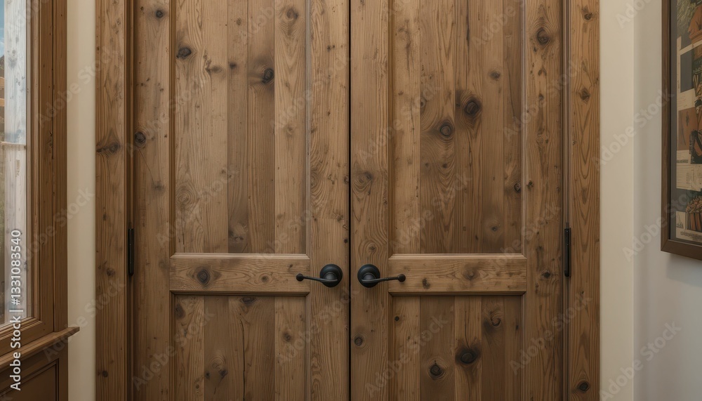 Obraz premium Rustic Wooden Double Doors with Grain Texture and Knob Handle