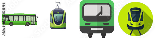 Green Transport Bus, tram, train, & subway car icons set on a white background isolated on white or transparent