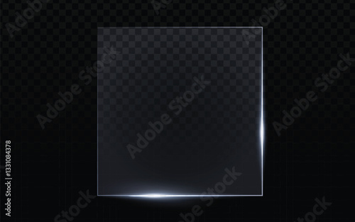 Glass pane vector, square shape with light reflection at the bottom edge. Realistic transparent material with subtle highlights. Dark checkered background overlay. Modern, sleek design. Perfect for UI