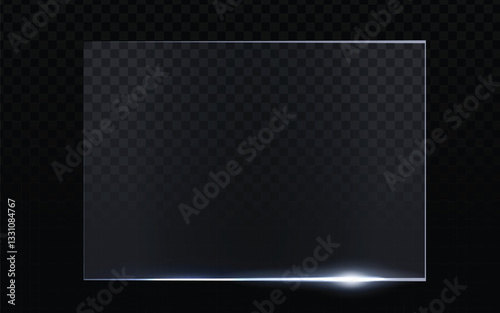 Glass pane vector, square shape with light reflection at the bottom edge.  Realistic transparent material with subtle highlights.  Dark checkered background overlay.  Modern, sleek design. 
