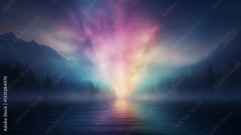 Majestic landscape with colorful light reflecting on calm water at dusk. Majestic landscape with colorful light reflecting on calm water at dusk.