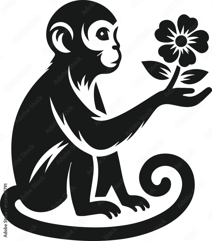 Obraz premium Black vector of a monkey offering a flower animal silhouette illustration