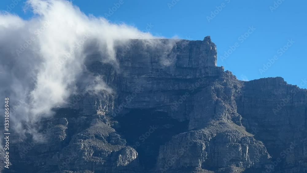 Clouds move around the top of Table Mountain on a summer day in Cape Town, South Africa.